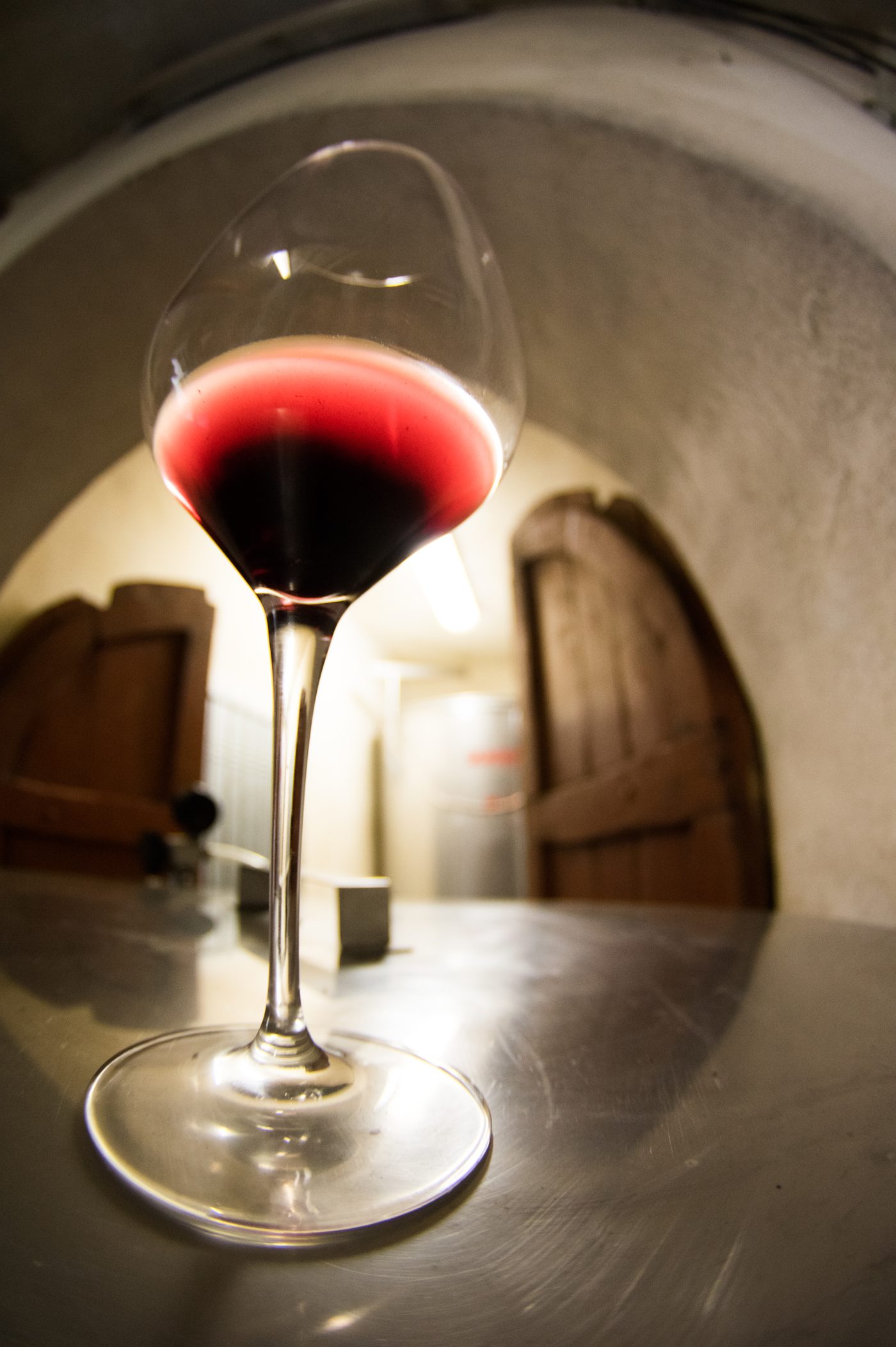 Un calice di vino rosso nella cantina di Podere Luisa